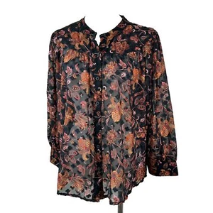Ophelia Roe Semi Sheer Floral Blouse Women’s M Black Orange Button Front - Picture 1 of 9
