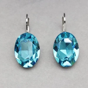 Crystal Blue Oval Stone Stud Earrings 925 Sterling Silver Women Jewellery Gift - Picture 1 of 3