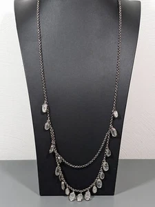 Ann Taylor Gray Metallic Clear Rock Crystal Oval Charm Long Necklace Layered 33" - Picture 1 of 10