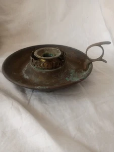 Vintage Brass ? Chamber Stick Candle Holder With Finger Loop Ring  & Drip Tray - Picture 1 of 6