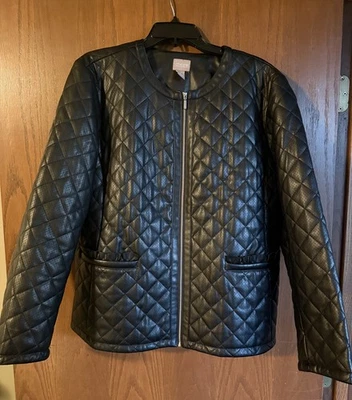 CHICO'S Size 3 Faux Black Quilted Full Zipper Fitted Jacket w/ Leather Trim - Image 1 of 4