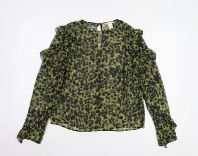 H&M Women’s Green Animal Print Blouse, Size 6, Long Sleeve - Image 1 of 4