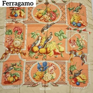 Salvatore Ferragamo Scarf Silk Large Bird Fruit Size 34.6inx33.8in Used in Japan - Picture 1 of 8