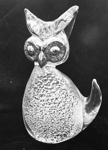 Vetri Murano Masterpieces Owl w/ Metal Silver Eyes & Flake 4” Tall Engraved - Picture 1 of 11