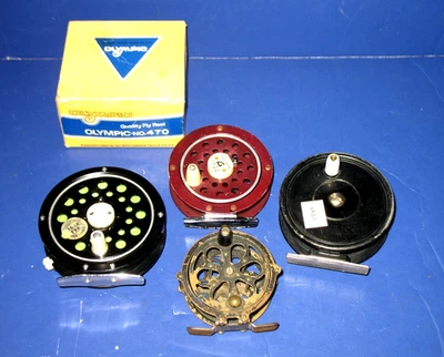 CARRETE DE PESCA CON MOSCA 4 PIEZAS. LOTE - OLÍMPICO 470, OCEAN CITY, SHAKESPEARE, SOUTH BEND Foto 1 de 4