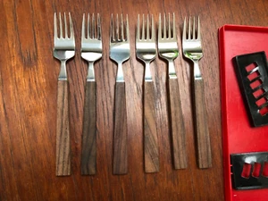 Set 6 in box Fiskar Finland Triennale flatware salad forks Stainles & Rosewood - Picture 1 of 6