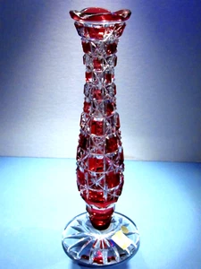 9" NIB CAESAR CRYSTAL Red Vase Hand Cut to Clear Overlay Czech Bohemia Cased - Imagen 1 de 8