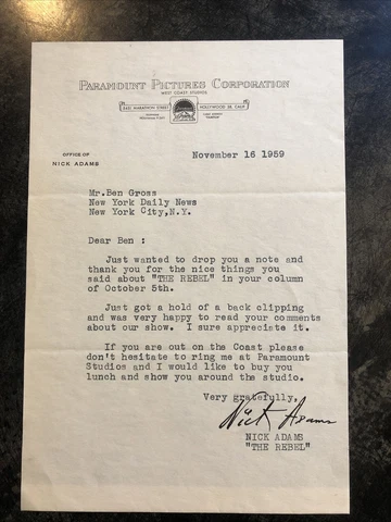 NICK "THE REBEL" ADAMS - AUTOGRAPH LETTER SIGNED 11/16/1959 Cover