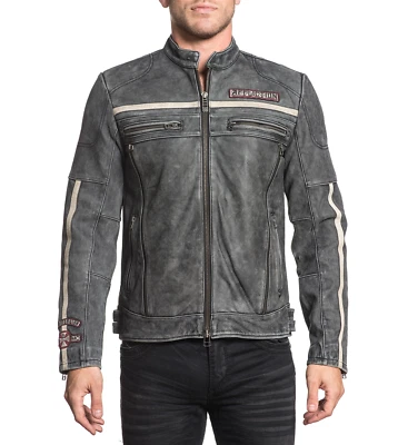 AFFLICTION Leather BLACK MOON RIDERS JACKET Grey Biker MMA - Image 1 of 4