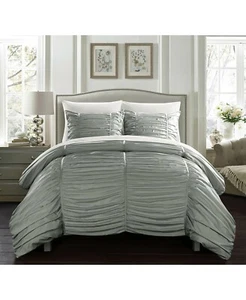 Chic Home Kaiah 3 Pc. Modern Striped Ruched Ruffled Comforter Set - KING - Grey - Picture 1 of 5