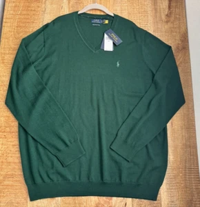 Polo Ralph Lauren Herren V-Ausschnitt waschbar Merinowolle Pullover grün Pulli 2LT - Bild 1 von 10