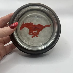 Vintage Small SMU Needlepoint Coaster Sudberry House Wood And Glass - Picture 1 of 7