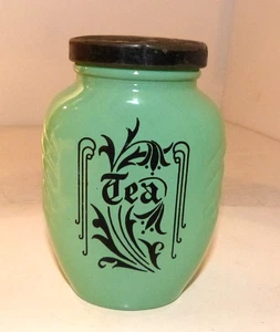 Vintage Hazel Atlas Jadeite Green Fired On Tea Canister W Lid  Estate Find ! - Picture 1 of 11