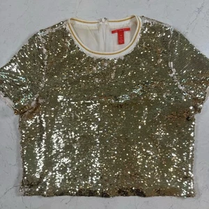 Chelsea & Violet Blouse Gold Sequin Bling Sparkle Concert Top Short Sleeve M - Picture 1 of 11