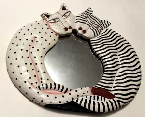 Vintage Holz Polka-Dots & gestreifte Katze Katzen 11x10 Hängespiegel Indonesien - Bild 1 von 7