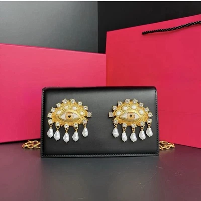 Nuevo Bolso Schiaparelli Perlas Dorado Lágrima Gota Ojo Cadena Cuero Negro   Foto 1 de 3