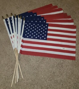 7 pack USA American Flag USA 12'' X 19'' Nylon with wooden Stick made in USA - Picture 1 of 4