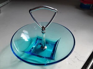 Vintage 1950s Hazel Atlas Glass Capri Blue Colony Round Bowl With Silver Handle - Picture 1 of 5