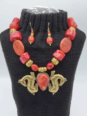 Handmade designer necklace with natural corals and Thai pendant and earrings  - Image 1 of 4