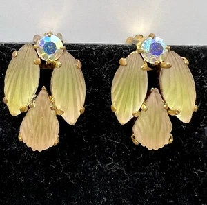 Vintage West Germany Earrings Pressed Glass Yellow Rhinestones - Picture 1 of 7