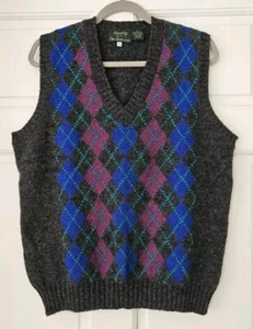 Vtg Marshall Fields Argyle Blue Purple Sweater Vest Wool Ireland Mens Medium - Picture 1 of 7
