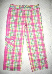 LILLY PULITZER CROP PANTS SZ 0 X 23" PINK YELLOW GREEN PLAID STRETCH COTTON EUC - Picture 1 of 7