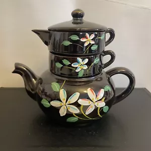 Teapot Vtg Stackable Floral Blue & Cream Brown Pottery Ceramic Made In Japan - Picture 1 of 10