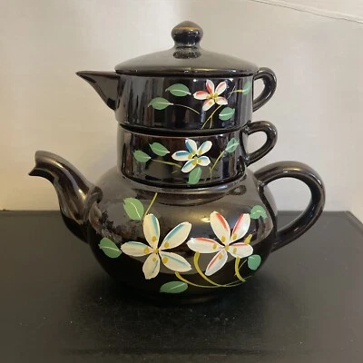  Teapot Vtg Stackable Floral Blue & Cream Brown Pottery Ceramic Made In Japan  - Image 1 of 4