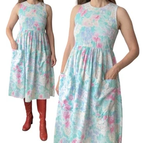 1980's Vintage Floral Printed Cotton Midi Dress Summer Dress With Pockets - Picture 1 of 10