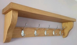 COAT RACK WITH SHELF Handmade 5 Silver Double Hooks Medium Oak Wax - Picture 1 of 10