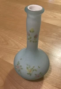 ❤️Fenton Blue Satin Overlay Custard Vase Handbemalt Gelb/Rosa Floral - Bild 1 von 12