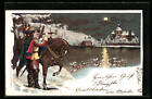 Winter-Lithographie Trompeter mit Pferd am Ufer bei Mondschein, Beht Dich Gott 