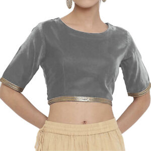 Women's Velvet Sari Blouse with lace Designer Readymade Stitched Choli Crop Top