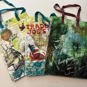 Lot 3 Trader Joe's Reusable Shopping Grocery Bags Tote Pirate Ship Evergreen - Picture 1 of 12