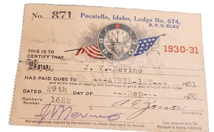 Pocatello Idaho Elks Lodge No 674 BPOE Member Dues Card 1930 1931 Jack Nevins - Picture 1 of 4