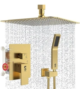 SR SUN RISE BRUSHED GOLD Push Button 12 Inch Rain Shower Faucet System Set - New - Picture 1 of 9