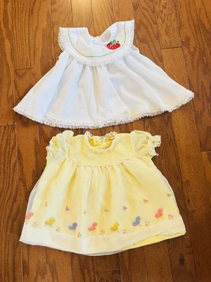 Vintage Baby Girl Dress Lot (2) Yellow Embroidered + White Strawberry Lace 6M - Image 1 of 4