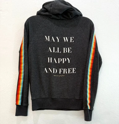 Spiritual Gangster Dark Grey Rainbow Stripe Happy & Free Hoodie Size XS - Image 1 of 4