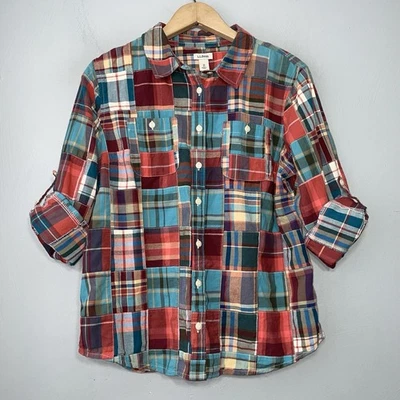Camisa LL Bean Abotonada Talla Mediana Pequeña Madras Cuadros Patchwork Country Cabin Foto 1 de 4