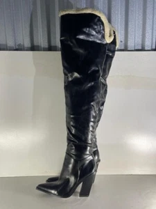 Prettylittlething Para Mujer Botas Negras Sobre la Rodilla Piel Borde Tacón Reino Unido 6/39-E6 - Imagen 1 de 10