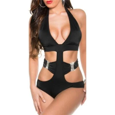 Sexy Neckholder Monokini mit Strass Bikini Beachwear Schwarz #BI575 - Bild 1 von 4
