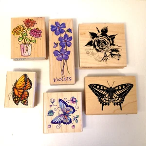 Wood Mounted Rubber Stamp Set 6 Tags Flowers And Butterflies - Picture 1 of 10