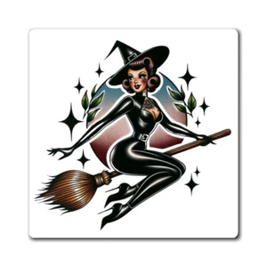 Fridge Magnet 3x3, 4x4, 6x6 Pin Up Girl Tattoo Style Witch Halloween Gift Gothic - Picture 1 of 7