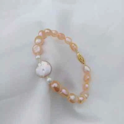 7.5-8" Gorgeous AAA South Sea Pink Multicolor Baroque Pearl Bracelet 14k Gold P - Image 1 of 4