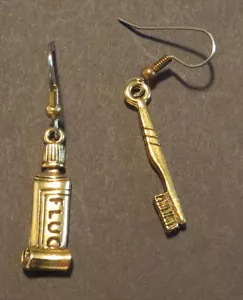 Dentist Toothbrush Toothpaste Earrings Dental Hygienist 24 Karat Gold Plate - Picture 1 of 4