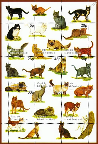 CATS Cat Breeds 9-Value MNH Stamp Sheet (1999 Easdale Island Scotland/GB Locals) Cover
