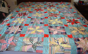 VINTAGE QUILT TOP 1940s-50s STAR IN A SQUARE 70 X 81 HAND AND MACHINE SEWN scrap