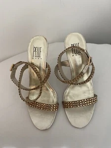 Pelle Moda Pale Gold Leather Rhinestone Pump Heel Sandal Ankle Strap Women SZ 7 - Picture 1 of 9