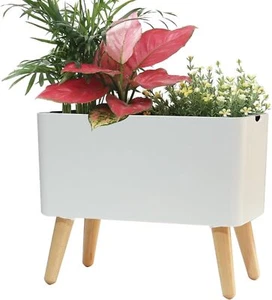 13.5 Inch Planter Pot with Solid Wood Legs, Self Watering B-white - Picture 1 of 7