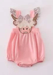 Girl's Boutique Pink Highland Cow Applique Embroidered Embroidery Bubble Romper - Picture 1 of 6